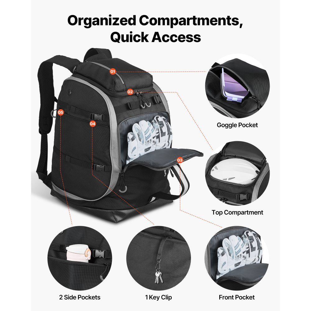 VEVOR Ski Boot Bag, 65L, Snowboard Boots Travel Backpack for Men Women, with Waterproof Exterior & Bottom, Durable 1680D Oxford, Bag for Skis, Snowboard, Helmet, Goggles, Gloves, Accessories (Black).