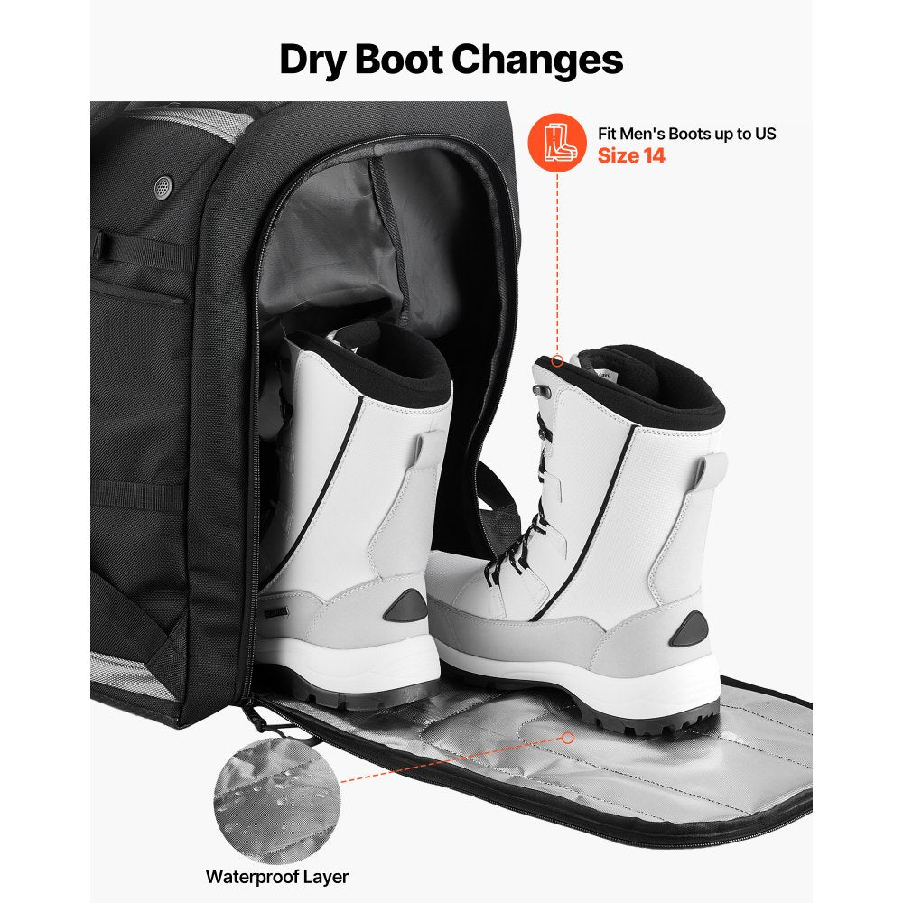 VEVOR Ski Boot Bag, 65L, Snowboard Boots Travel Backpack for Men Women, with Waterproof Exterior & Bottom, Durable 1680D Oxford, Bag for Skis, Snowboard, Helmet, Goggles, Gloves, Accessories (Black).