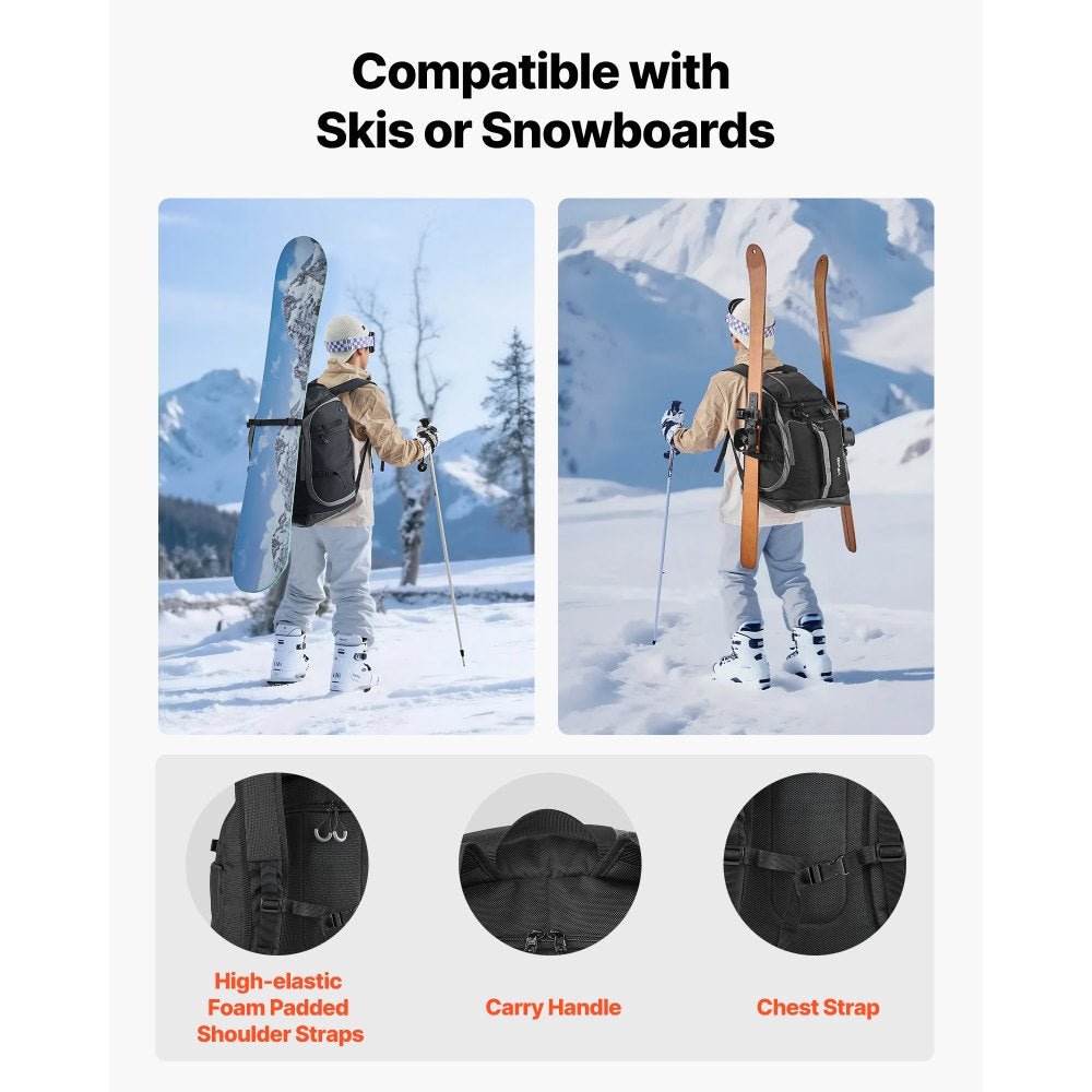 VEVOR Ski Boot Bag, 65L, Snowboard Boots Travel Backpack for Men Women, with Waterproof Exterior & Bottom, Durable 1680D Oxford, Bag for Skis, Snowboard, Helmet, Goggles, Gloves, Accessories (Black).