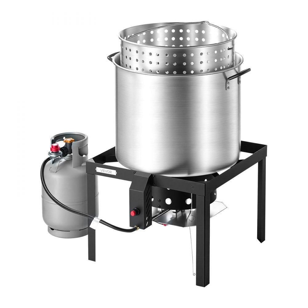 VEVOR 100 Qt Seafood Boiling Kit with Strainer, Aluminum Crawfish Boiler, Outdoor Backyard Cooking for Crab, Shrimp, Lobster, Soup, Deep Fryer Steamer Set with Stand and 110,000 BTU Propane Burner