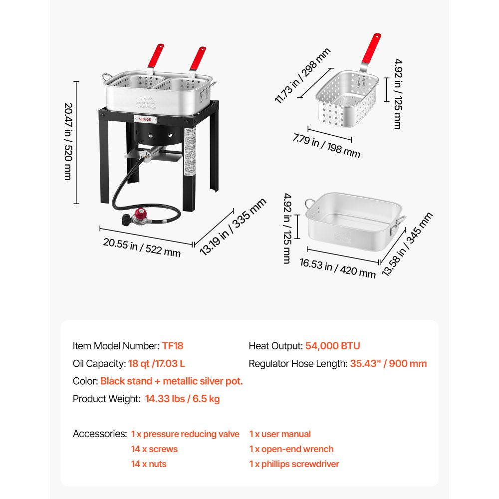 VEVOR 18 Qt Fish and Wing Fryer Aluminum Propane Boiler Kit Double Basket, Outdoor Cooker for Fish, Fries, Chicken Wings, Shellfish, and Crab, Seafood Cooking Pot with Stand, Handle, 54,000 BTU Burner
