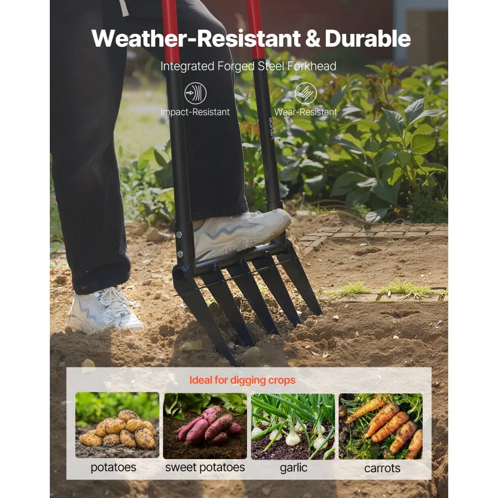 VEVOR Broad Fork, 5-Tine Pitchfork with Dual Fiberglass Handles, Heavy Duty Garden Fork , Ergonomic U-Shaped Design Broadfork Hand Tiller, Gardening Tool for Composting Transplanting Aeration