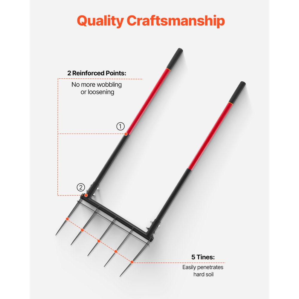 VEVOR Broad Fork, 5-Tine Pitchfork with Dual Fiberglass Handles, Heavy Duty Garden Fork , Ergonomic U-Shaped Design Broadfork Hand Tiller, Gardening Tool for Composting Transplanting Aeration