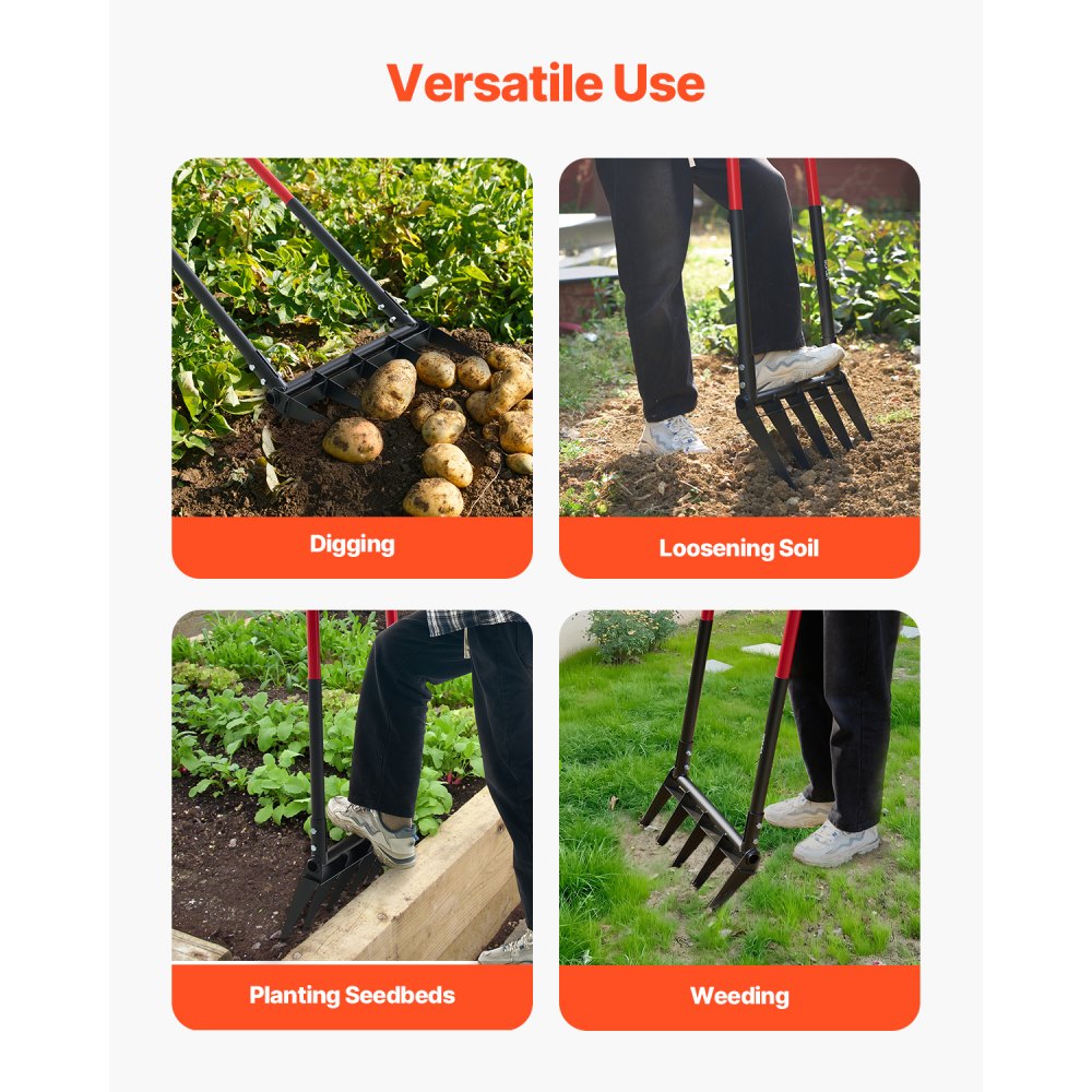VEVOR Broad Fork, 5-Tine Pitchfork with Dual Fiberglass Handles, Heavy Duty Garden Fork , Ergonomic U-Shaped Design Broadfork Hand Tiller, Gardening Tool for Composting Transplanting Aeration