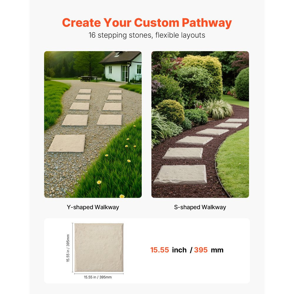 VEVOR Garden Stepping Stones, 16Pcs 15.5 x 15.5 in, Decorative Stepping Stones with Stakes, Weather-Resistant Plastic Pathway Pavers, Smooth Surface, Outdoor Walkway for Lawn Patio Landscape, Beige