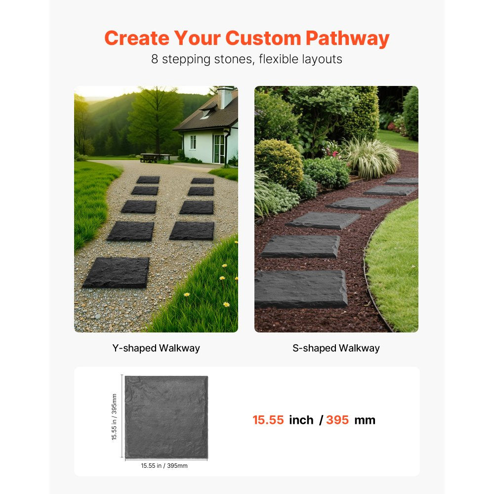 VEVOR Garden Stepping Stones, 8Pcs 15.5 x 15.5 in, Decorative Stepping Stones with Stakes, Weather-Resistant Plastic Pathway Pavers, Smooth Surface, Outdoor Walkway for Lawn Patio Landscape, Grey