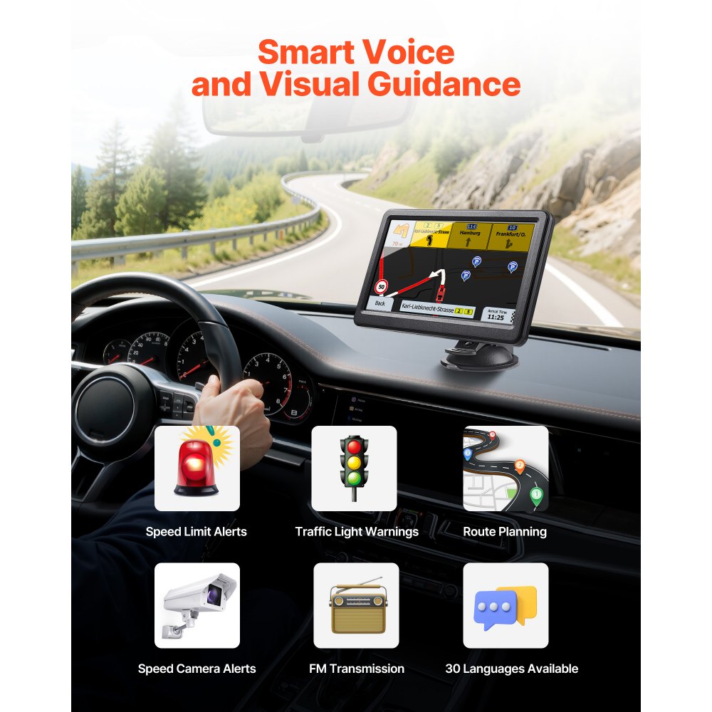 VEVOR GPS Navigator for Car, 7 inch Touch Screen 16GB GPS Navigation System with Lifetime Map Updates, Voice Turn-by-Turn Guidance, Speed and Red Light Warning, Custom Truck Routing, for Car Truck RV