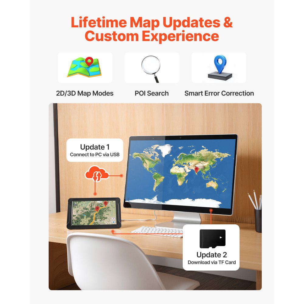 VEVOR GPS Navigator for Car, 7 inch Touch Screen 16GB GPS Navigation System with Lifetime Map Updates, Voice Turn-by-Turn Guidance, Speed and Red Light Warning, Custom Truck Routing, for Car Truck RV