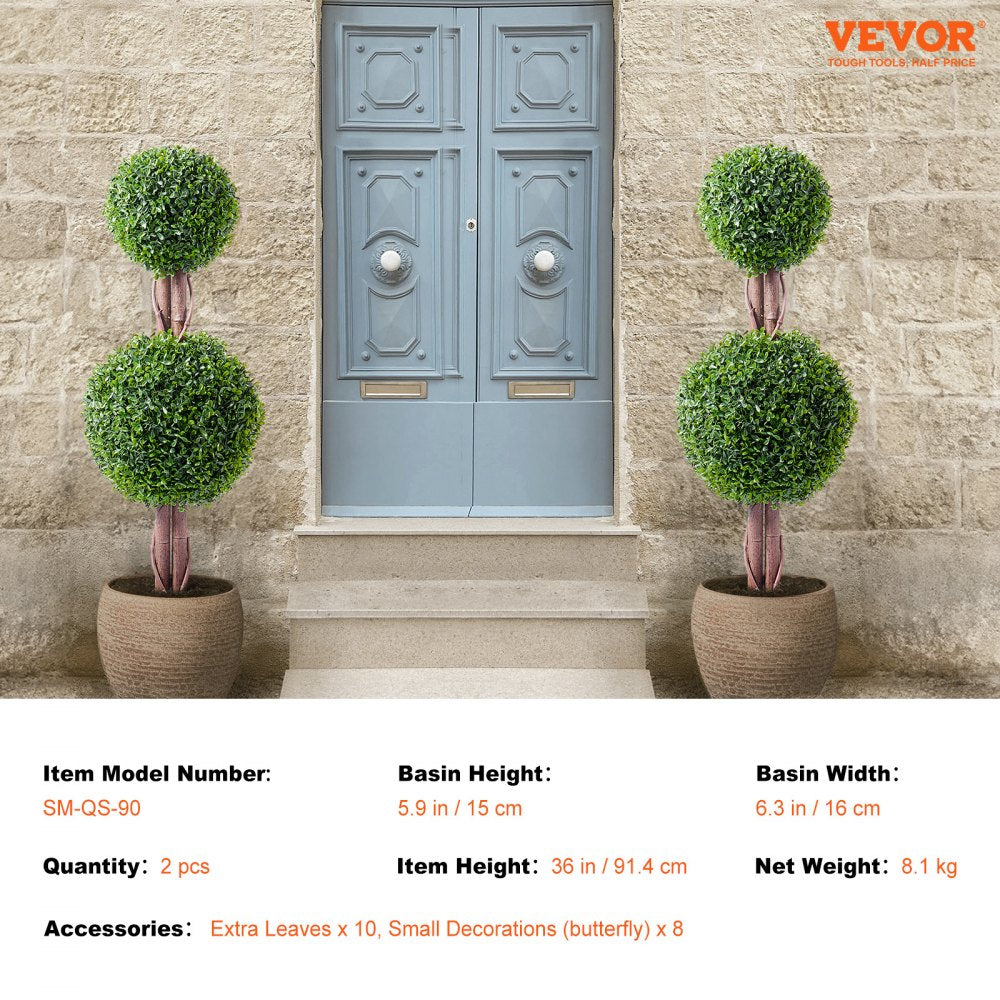 VEVOR Artificial Boxwood Topiary Tree, 36 inch Tall (2 Pieces), Double Ball Faux Topiary Trees, Faux Plant w/ Extra Leaves & Pot & Small Decoration, UV Rated Set for Home Decor Indoor/Outdoor
