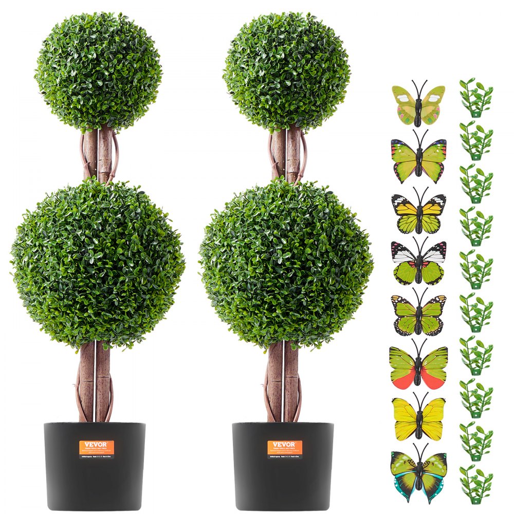 VEVOR Artificial Boxwood Topiary Tree, 36 inch Tall (2 Pieces), Double Ball Faux Topiary Trees, Faux Plant w/ Extra Leaves & Pot & Small Decoration, UV Rated Set for Home Decor Indoor/Outdoor