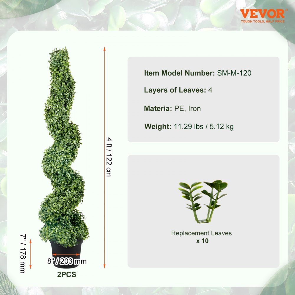 VEVOR 2 pcs. Artificial Boxwood Tower Topiary Spiral Artificial Plant 122cm high Decorative Plant Green Plastic PE Iron Topiary Plants incl. 10 pcs. Replacement Leaves