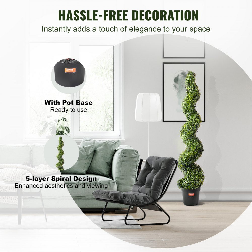 VEVOR Artificial Boxwood Topiary Tree, 60 inch Tall (2 Pieces), Spiral Faux Topiary Trees, Faux Plant w/ Extra Leaves & Pot & Small Decoration, UV Rated Greenery Set for Home Decor Indoor/Outdoor