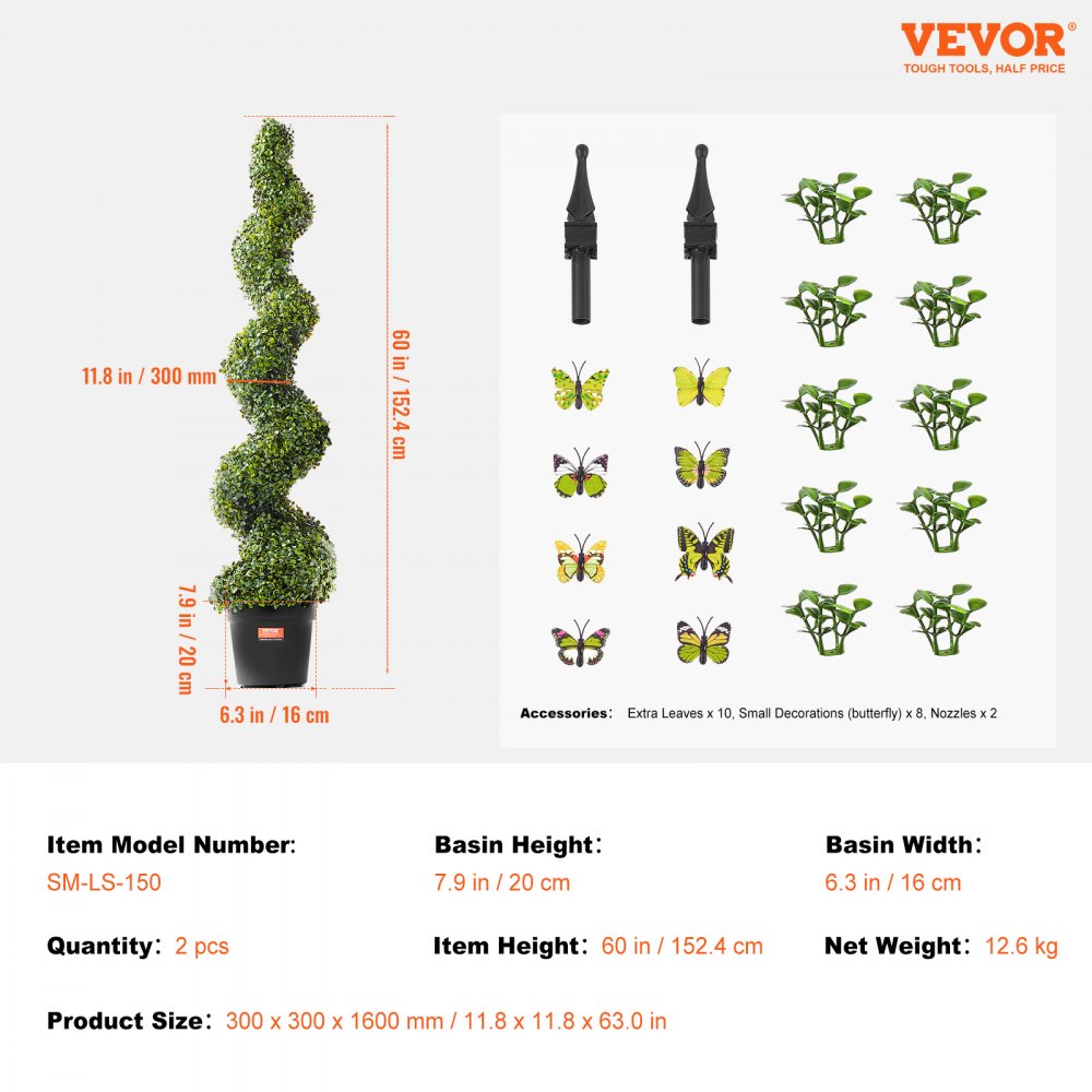 VEVOR Artificial Boxwood Topiary Tree, 60 inch Tall (2 Pieces), Spiral Faux Topiary Trees, Faux Plant w/ Extra Leaves & Pot & Small Decoration, UV Rated Greenery Set for Home Decor Indoor/Outdoor