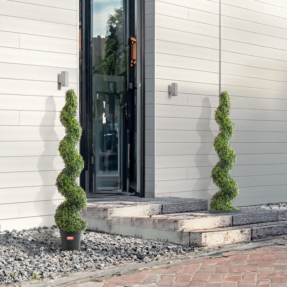 VEVOR Artificial Boxwood Topiary Tree, 60 inch Tall (2 Pieces), Spiral Faux Topiary Trees, Faux Plant w/ Extra Leaves & Pot & Small Decoration, UV Rated Greenery Set for Home Decor Indoor/Outdoor