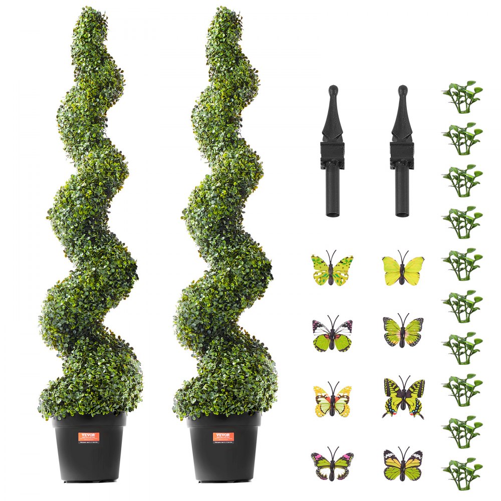 VEVOR Artificial Boxwood Topiary Tree, 60 inch Tall (2 Pieces), Spiral Faux Topiary Trees, Faux Plant w/ Extra Leaves & Pot & Small Decoration, UV Rated Greenery Set for Home Decor Indoor/Outdoor
