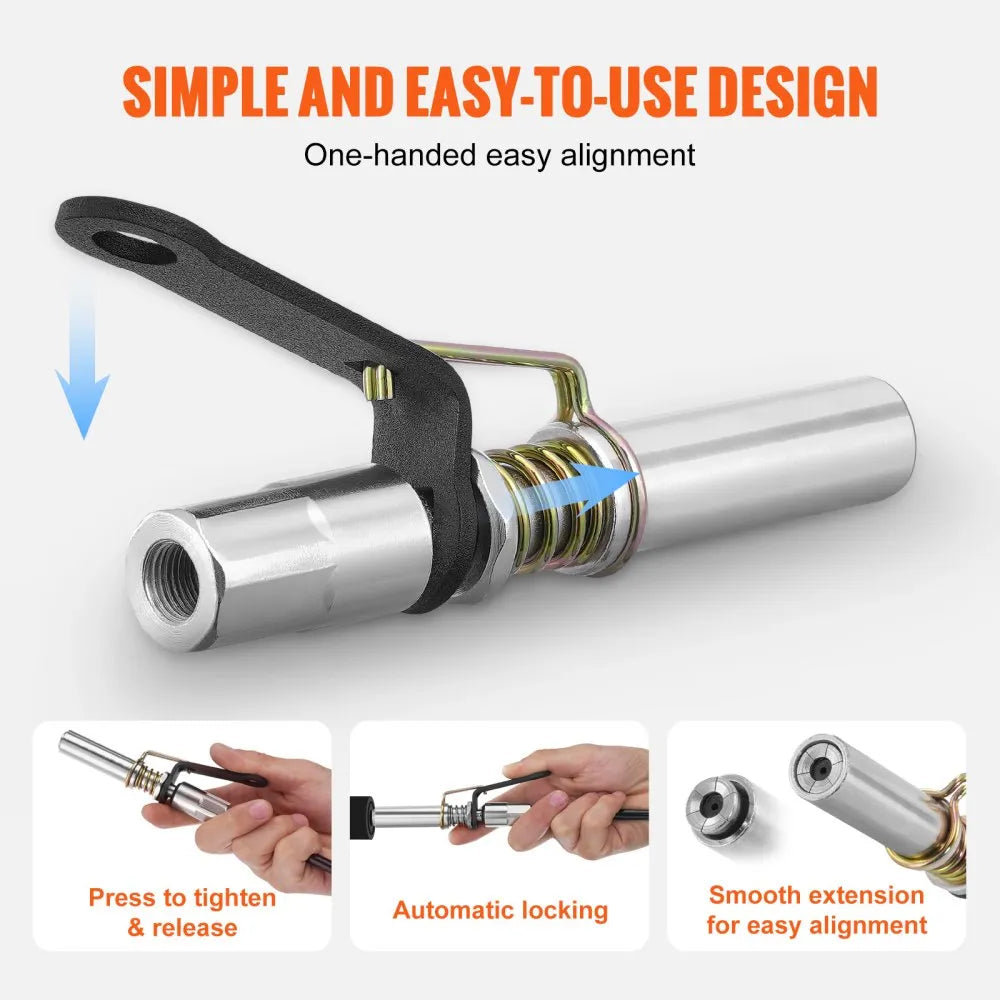 VEVOR Grease Gun Coupler 2 PCS, 10000 PSI High Pressure, 6-Jaw Locking, Quick Release Grease Gun Tip with Hose/Zerk Fittings Cleaner, Compatible with All Grease Guns 1/8" NPT Fittings for Automobiles