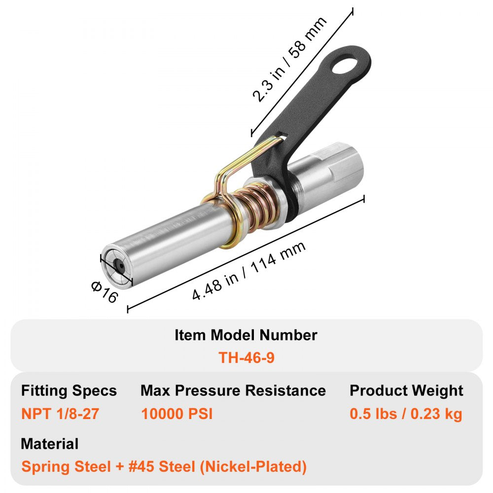 VEVOR Grease Gun Coupler, 10000 PSI High Pressure, 6-Jaw Locking, Quick Release Grease Gun Tip with Hose/Zerk Fittings Cleaner, Compatible with All Grease Guns 1/8" NPT Grease Fittings for Automobiles