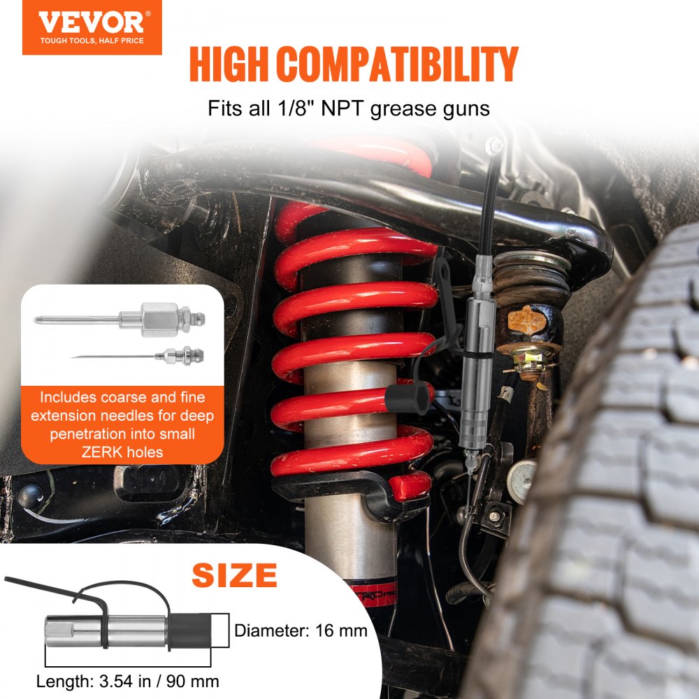 VEVOR Grease Gun Coupler, 10000 PSI High Pressure, 3-Jaw Locking, Quick Release Grease Gun Tip with Hose/Zerk Fittings Cleaner/Extension Needles, Compatible with All Grease Guns 1/8" NPT Fittings