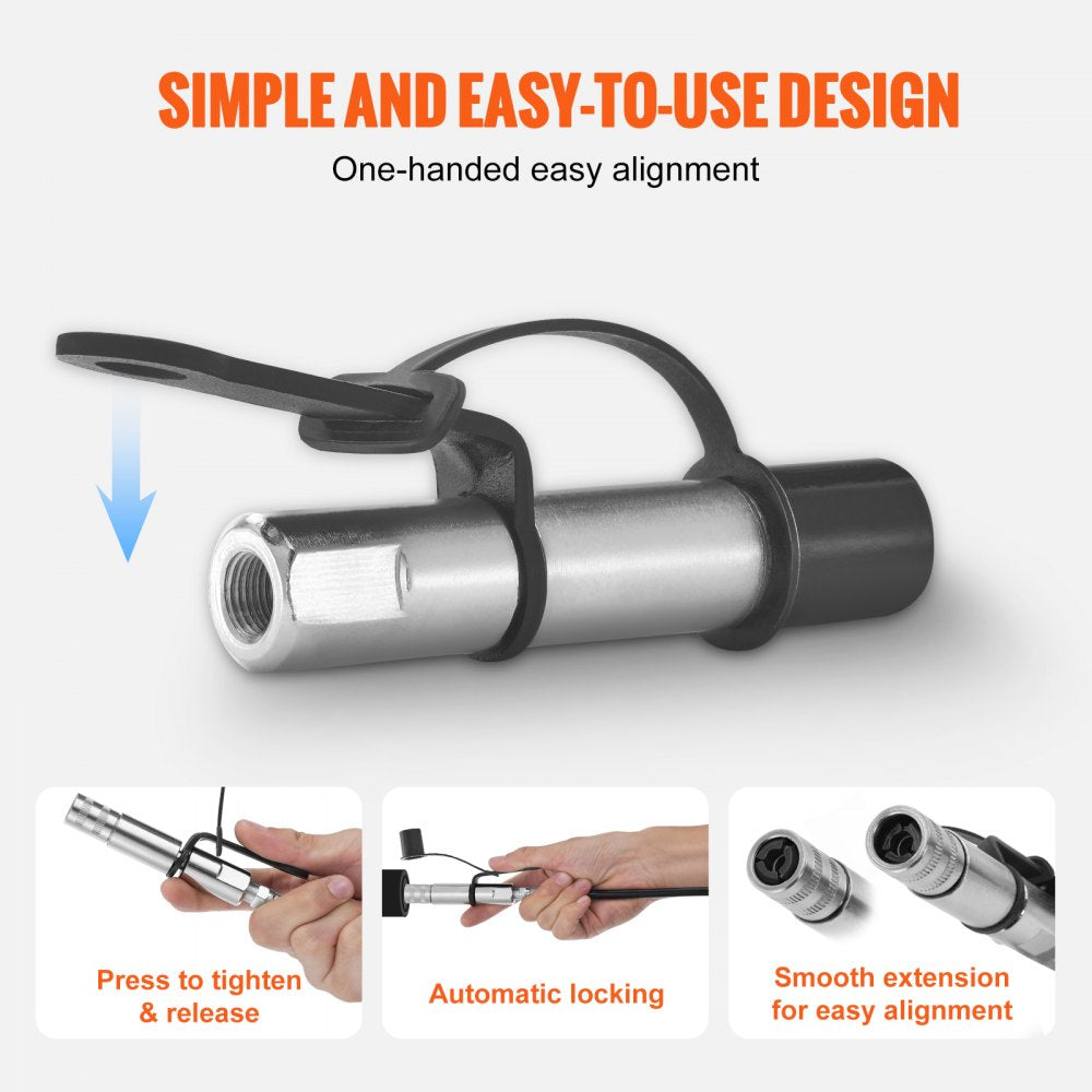 VEVOR Grease Gun Coupler 2 PCS, 10000 PSI High Pressure, 3-Jaw Locking Quick Release Grease Gun Tip with Hose/Cleaner/Extension Needle/Leak-Proof Cap, Compatible with All Grease Guns 1/8" NPT Fittings