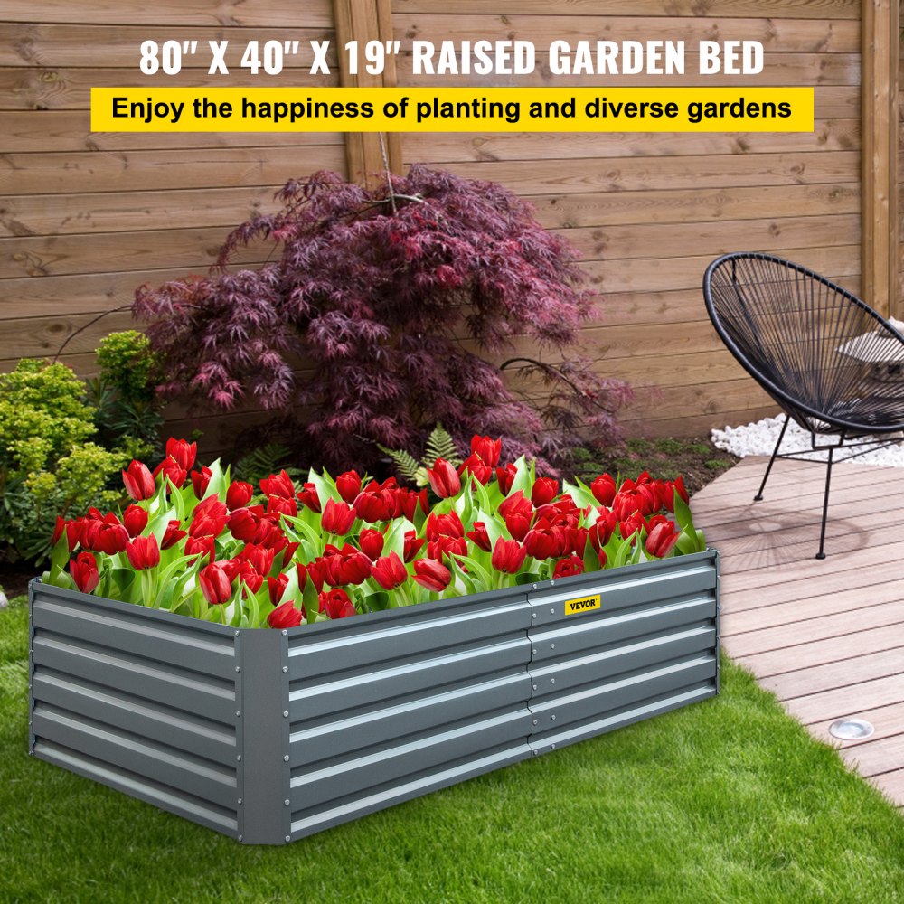 VEVOR Galvanized Raised Garden Bed, 80\" x 40\" x 19\" Metal Planter Box, Gray Steel Plant Raised Garden Bed Kit, Planter Boxes Outdoor for Growing Vegetables,Flowers,Fruits,Herbs,and Succulents