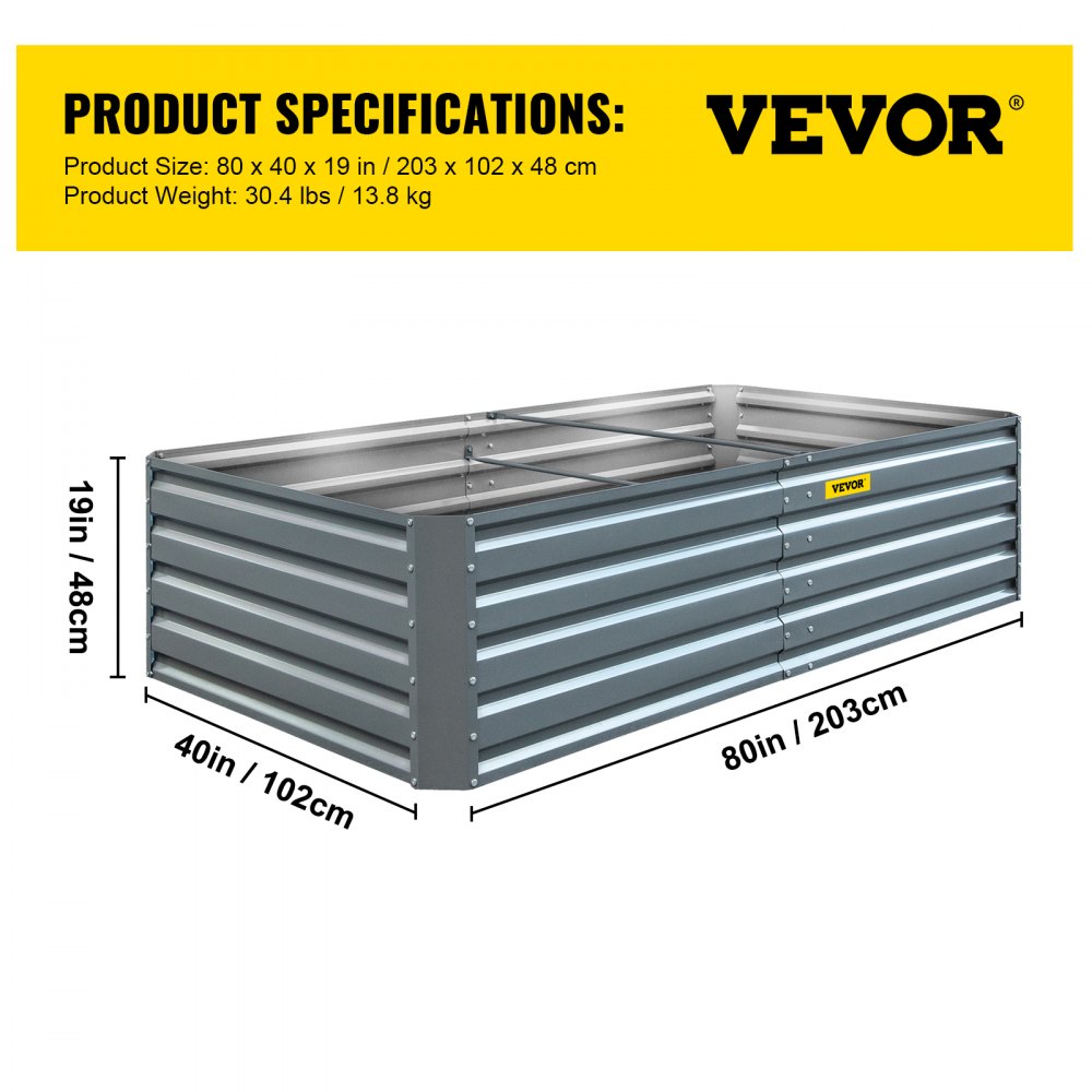 VEVOR Galvanized Raised Garden Bed, 80\" x 40\" x 19\" Metal Planter Box, Gray Steel Plant Raised Garden Bed Kit, Planter Boxes Outdoor for Growing Vegetables,Flowers,Fruits,Herbs,and Succulents