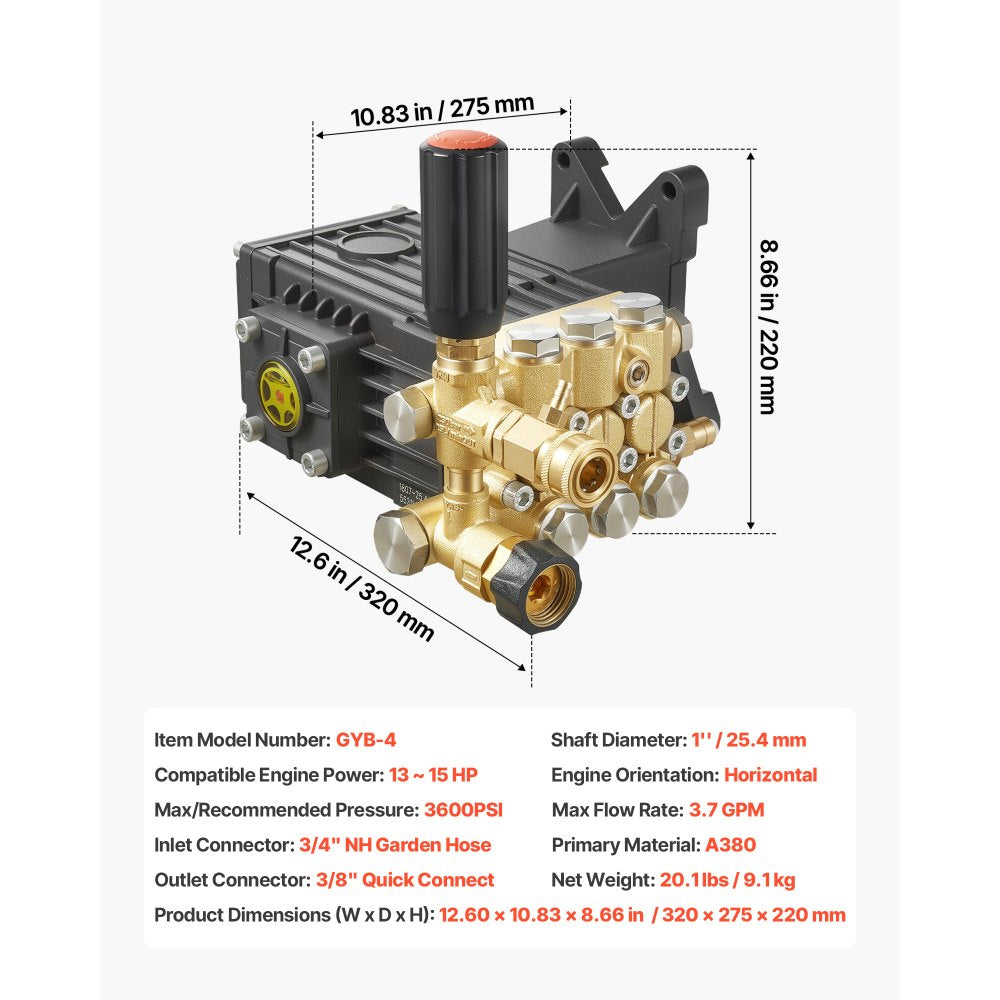 VEVOR Pressure Washer Pump, 1" Shaft Horizontal Triplex Plunger, 3600 PSI, 3.7 GPM, Replacement Power Washer Pumps Kit with Siphon Tube, Hardware, Compatible with Simpson MorFlex 40224, 40225, 40226