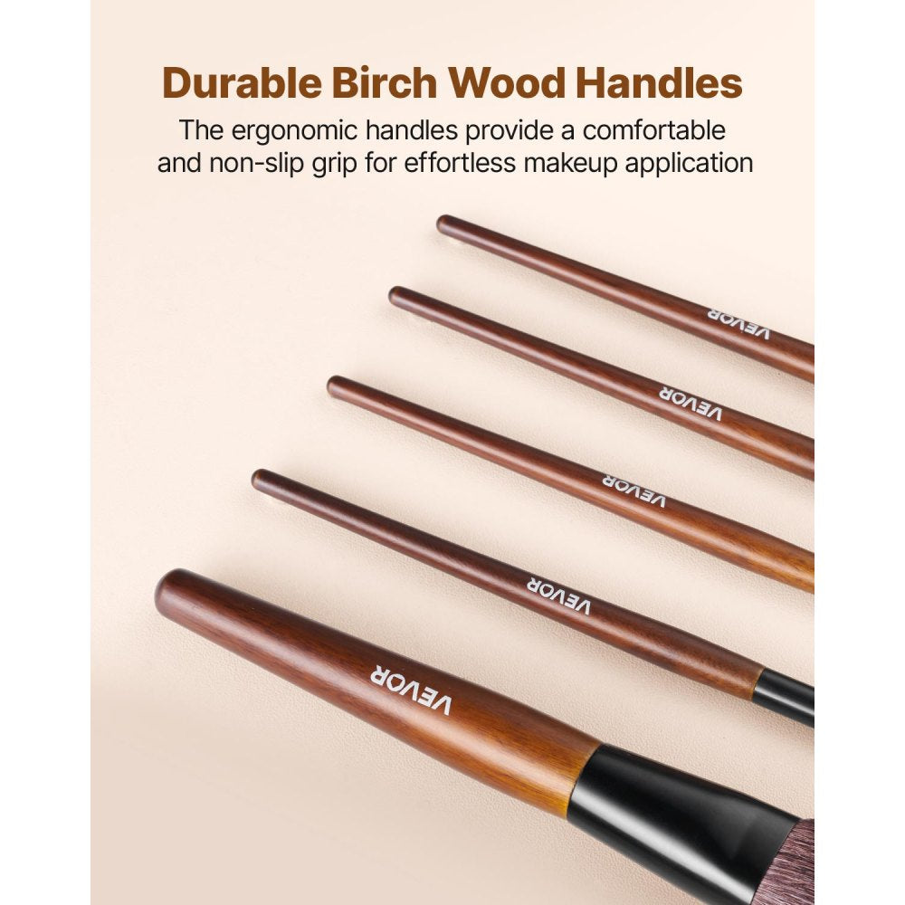 VEVOR 9-Piece Makeup Brush Set for Foundation Blending Eyeshadow, Professional Makeup Brush Kit with Soft Natural Wool & Vegan Synthetic Bristles, Ergonomic Wood Handle, Travel-Friendly Storage Bag