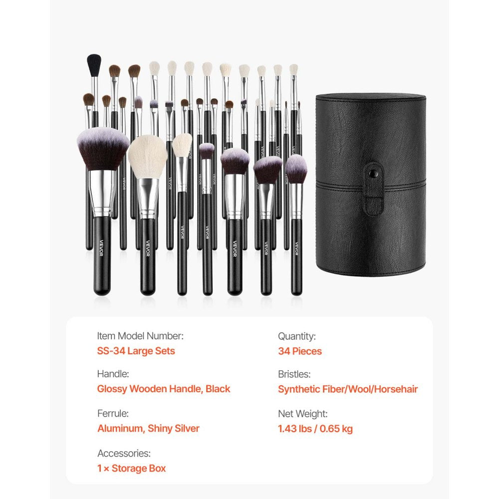 VEVOR 34-Piece Makeup Brush Set, Professional Brushes Kit for Foundation Blending Eyeshadow Concealer Blush - with Soft Bristles, Ergonomic Wood Handle, Travel-Friendly Case Included