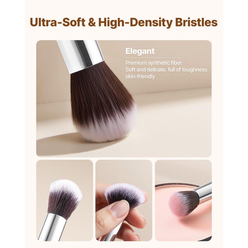 VEVOR 15-Piece Makeup Brush Set for Foundation Blending Eyeshadow, Professional Vegan Brushes with Soft Synthetic Bristles, Ergonomic Wood Handle & Aluminum Ferrule, Portable and Travel-Friendly