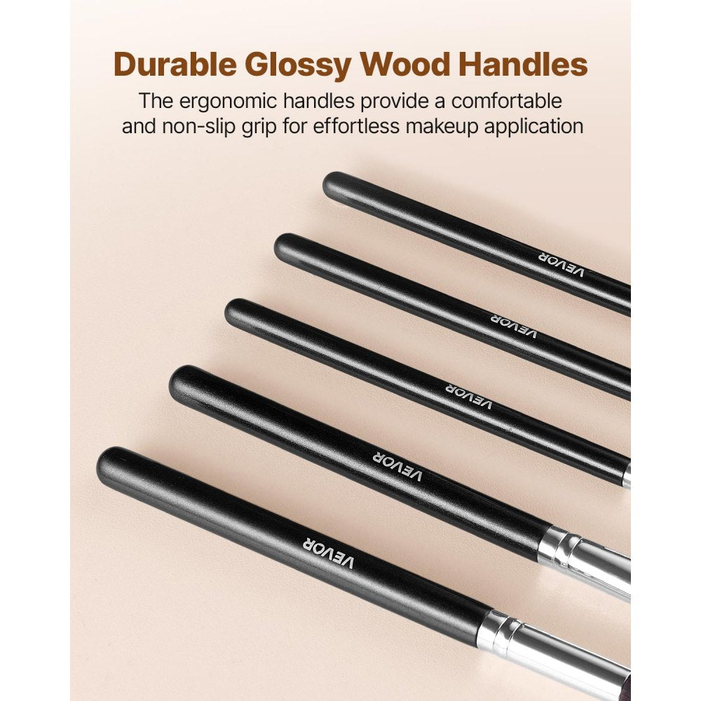 VEVOR 15-Piece Makeup Brush Set for Foundation Blending Eyeshadow, Professional Vegan Brushes with Soft Synthetic Bristles, Ergonomic Wood Handle & Aluminum Ferrule, Portable and Travel-Friendly