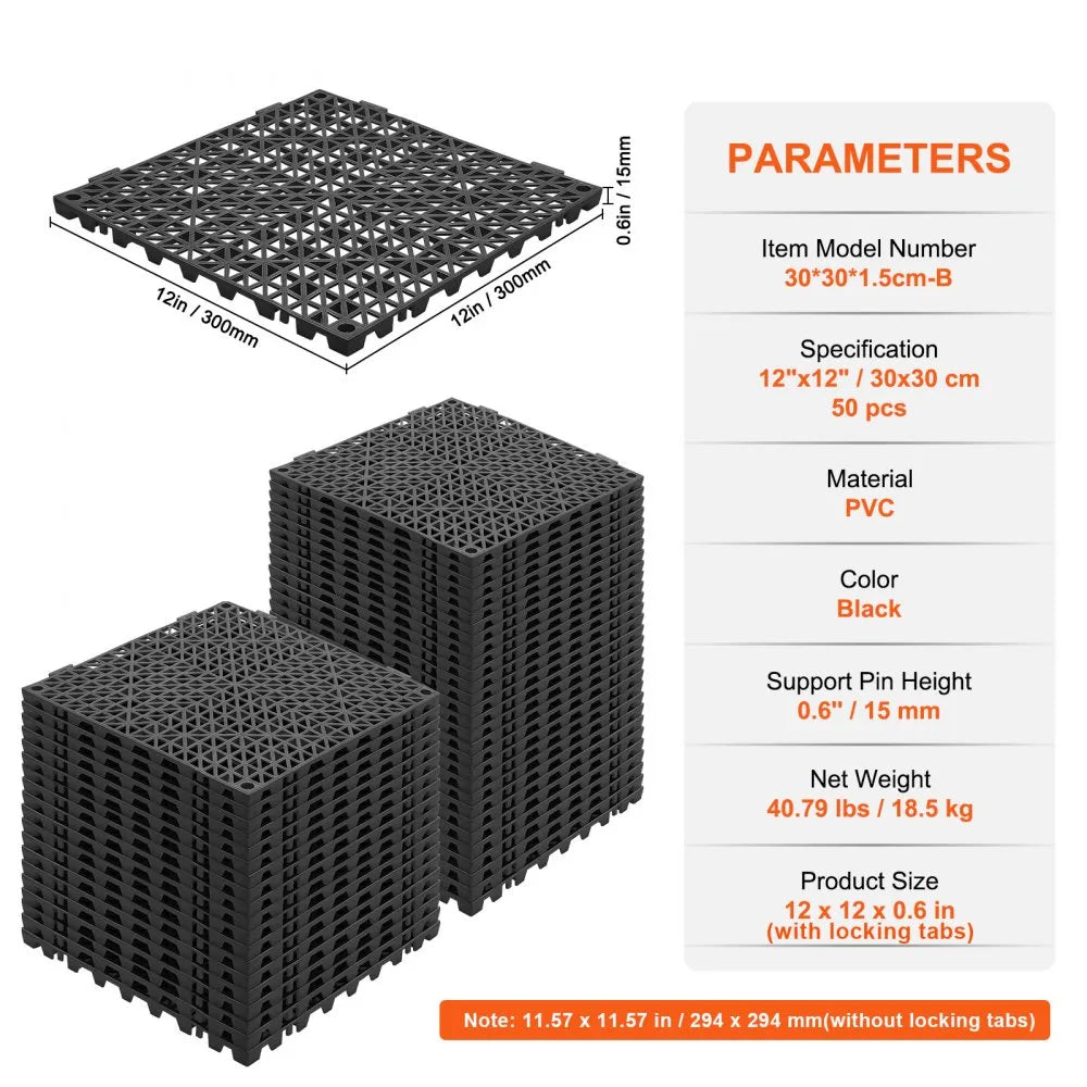 VEVOR Interlocking Tile 50PCS Black, Drainage Tiles 12" x 12" Splicing, Soft PVC Interlocking Drainage Floor Tiles, Non-Slip Drainage Holes for Restroom, Bathroom, Kitchen, Pool, Wet Areas