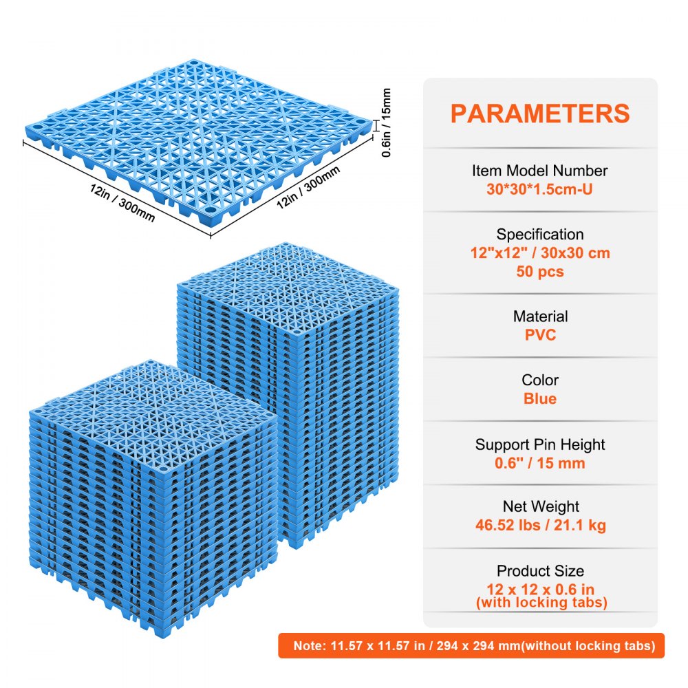 VEVOR Interlocking Tile 50PCS Blue, Drainage Tiles 12" x 12" Splicing, Soft PVC Interlocking Drainage Floor Tiles, Non-Slip Drainage Holes for Restroom, Bathroom, Kitchen, Pool, Wet Areas
