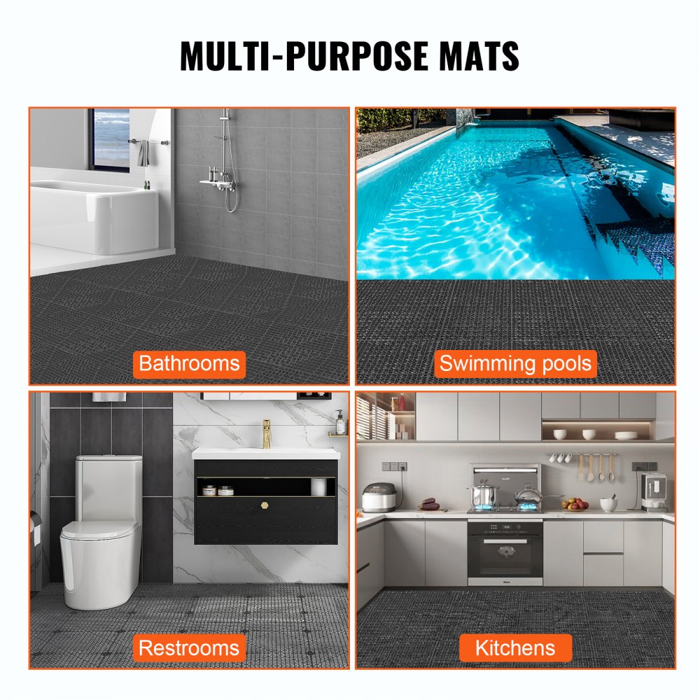 VEVOR Interlocking Tile 55PCS Black, Drainage Tiles 12" x 12" Splicing, Soft PVC Interlocking Drainage Floor Tiles, Non-Slip Drainage Holes for Restroom, Bathroom, Kitchen, Pool, Wet Areas
