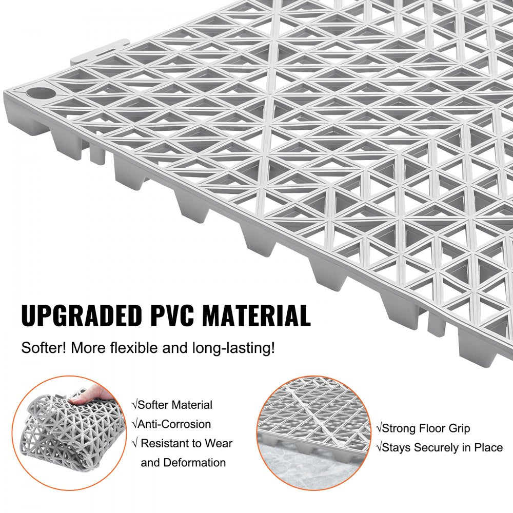 VEVOR Interlocking Tile 55PCS Grey, Drainage Tiles 12" x 12"x 0.6 Splicing, Soft PVC Interlocking Floor Tiles, Non-Slip Drainage Holes for Restroom, Bathroom, Kitchen, Pool, Wet Area