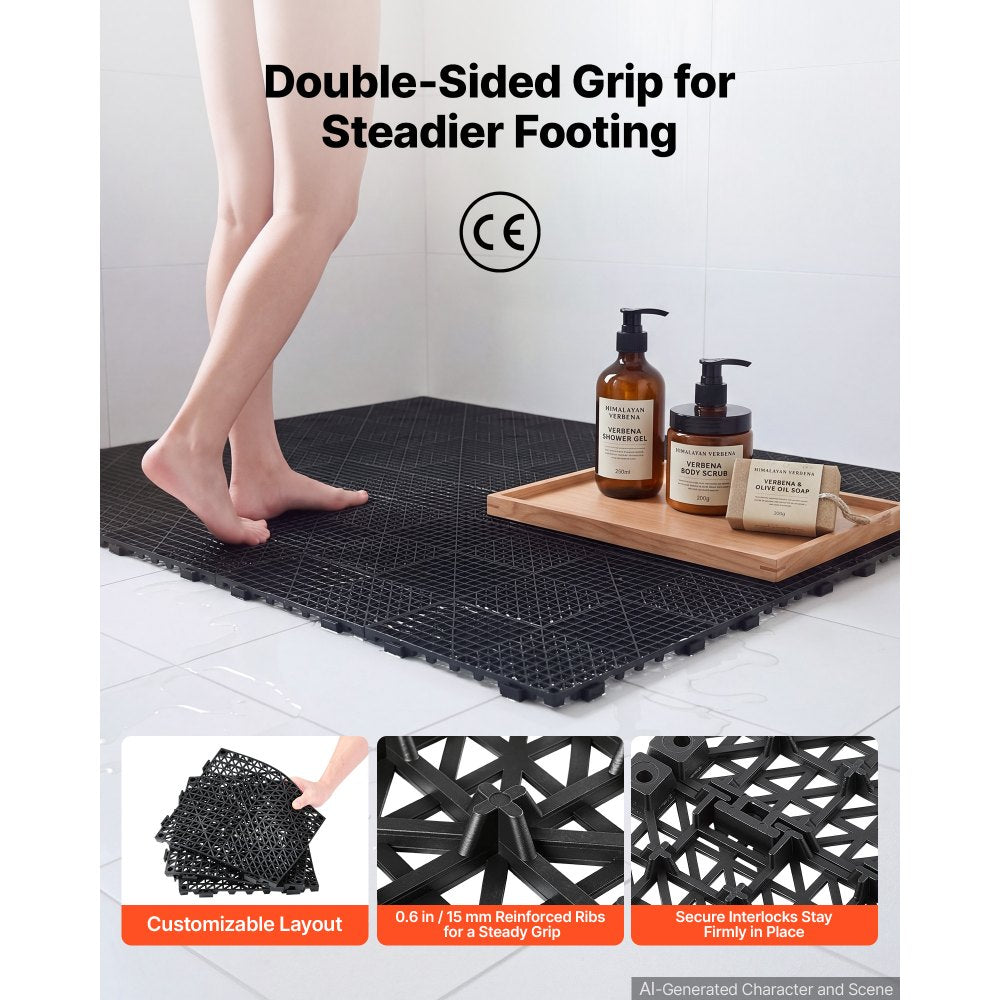 VEVOR Modular Interlocking Cushion 24 Pack Splicing Drainage Mats Black, for Bathrooms Restrooms Pools Kitchens, 12 x 12 in Non-Slip PVC Interlocking Floor Tiles, 0.6 in Thickened, Easy to Clean