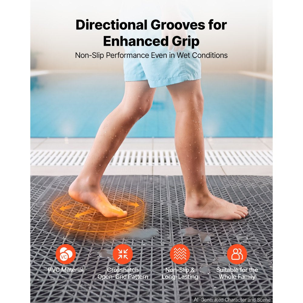 VEVOR Modular Interlocking Cushion 50 Pack Splicing Drainage Mats Gray, for Bathrooms Restrooms Pools Kitchens, 12 x 12 in Non-Slip PVC Interlocking Floor Tiles, 0.6 in Thickened, Easy to Clean