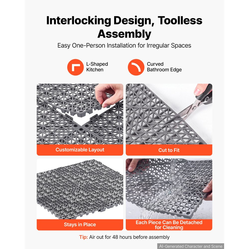 VEVOR Modular Interlocking Cushion 50 Pack Splicing Drainage Mats Gray, for Bathrooms Restrooms Pools Kitchens, 12 x 12 in Non-Slip PVC Interlocking Floor Tiles, 0.6 in Thickened, Easy to Clean