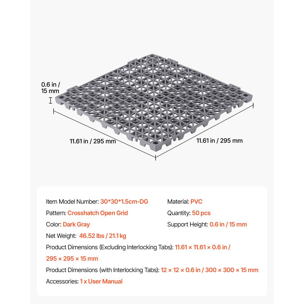 VEVOR Modular Interlocking Cushion 50 Pack Splicing Drainage Mats Gray, for Bathrooms Restrooms Pools Kitchens, 12 x 12 in Non-Slip PVC Interlocking Floor Tiles, 0.6 in Thickened, Easy to Clean