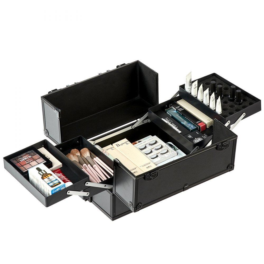 VEVOR 5 in 1 Professional Makeup Train Case Aluminum Cosmetic Case, Rolling Makeup Case Extra Large Trolley Makeup Travel Organizer, with 360° Swivel Wheels & Adjustable Pull Rod, Black