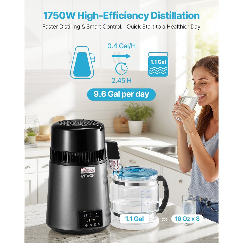 VEVOR Water Distiller, 4L 1.1 Gallon Pure Water Purifier Filter For Home Table Countertop, 1750W Distilled Maker with Glass Pot, Stainless Steel Interior Drinking Machine to Make Clean Waters, Grey