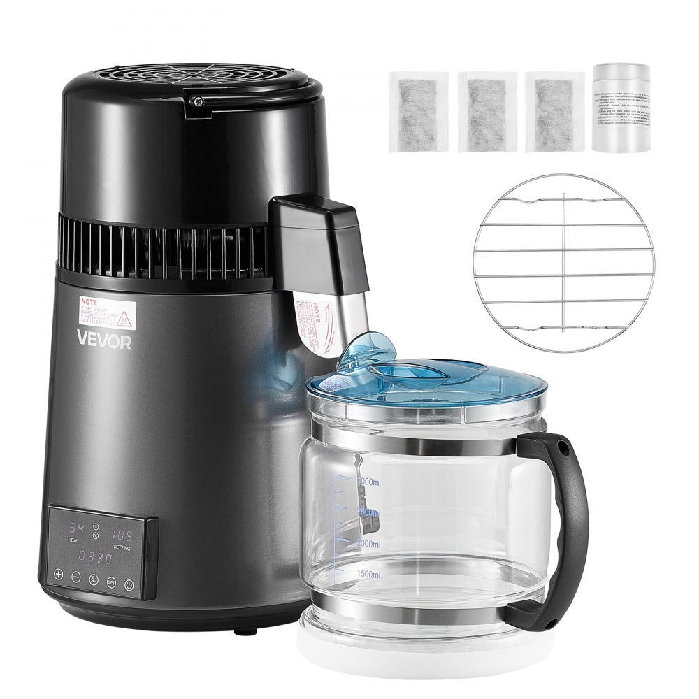 VEVOR Water Distiller, 4L 1.1 Gallon Pure Water Purifier Filter For Home Table Countertop, 1750W Distilled Maker with Glass Pot, Stainless Steel Interior Drinking Machine to Make Clean Waters, Grey