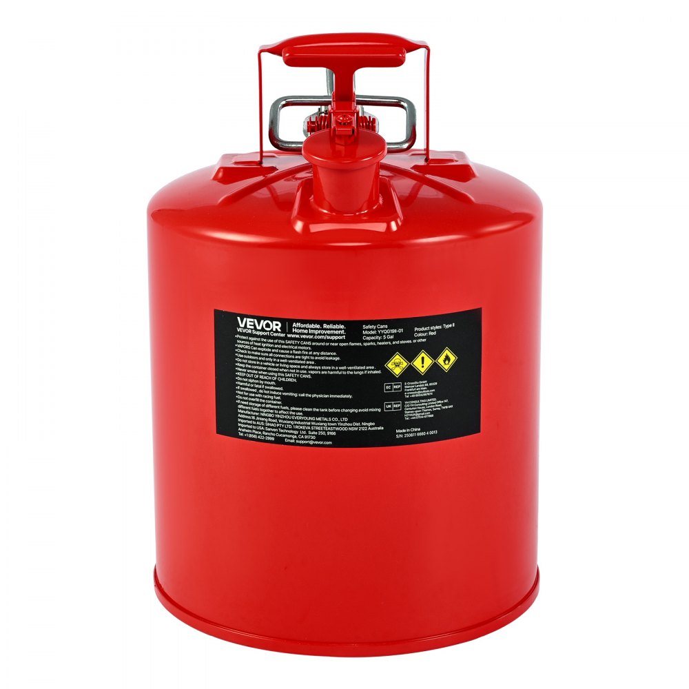 VEVOR Safety Gas Can, 5 Gallon Type II Red Safety Can for Gasoline with Stainless Steel Flame Arrester, Self-Closing Lid & Flexible Metal Spout, Carbon Steel Flammable Storage with Ergonomic Handle