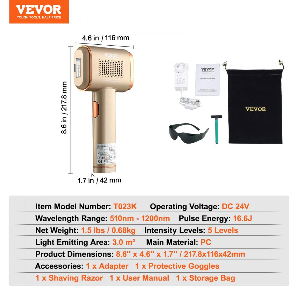 VEVOR IPL Hair Removal, Permanent Hair Removal with Sapphire Ice Cooling System, Painless At-Home Hair Removal Device for Women Men, Auto/Manual Modes, 5 Levels for Body & Face