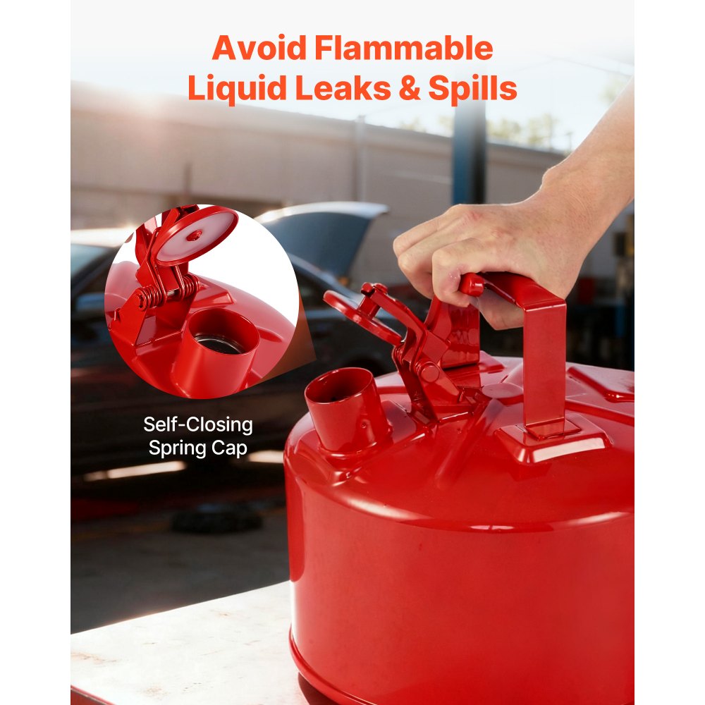 VEVOR Safety Gas Can, 2.5 Gallon Type I Red Safety Can for Gasoline with Stainless Steel Flame Arrester, Self-Closing Lid, and PE Funnel, Carbon Steel Flammable Storage Container with Ergonomic Handle