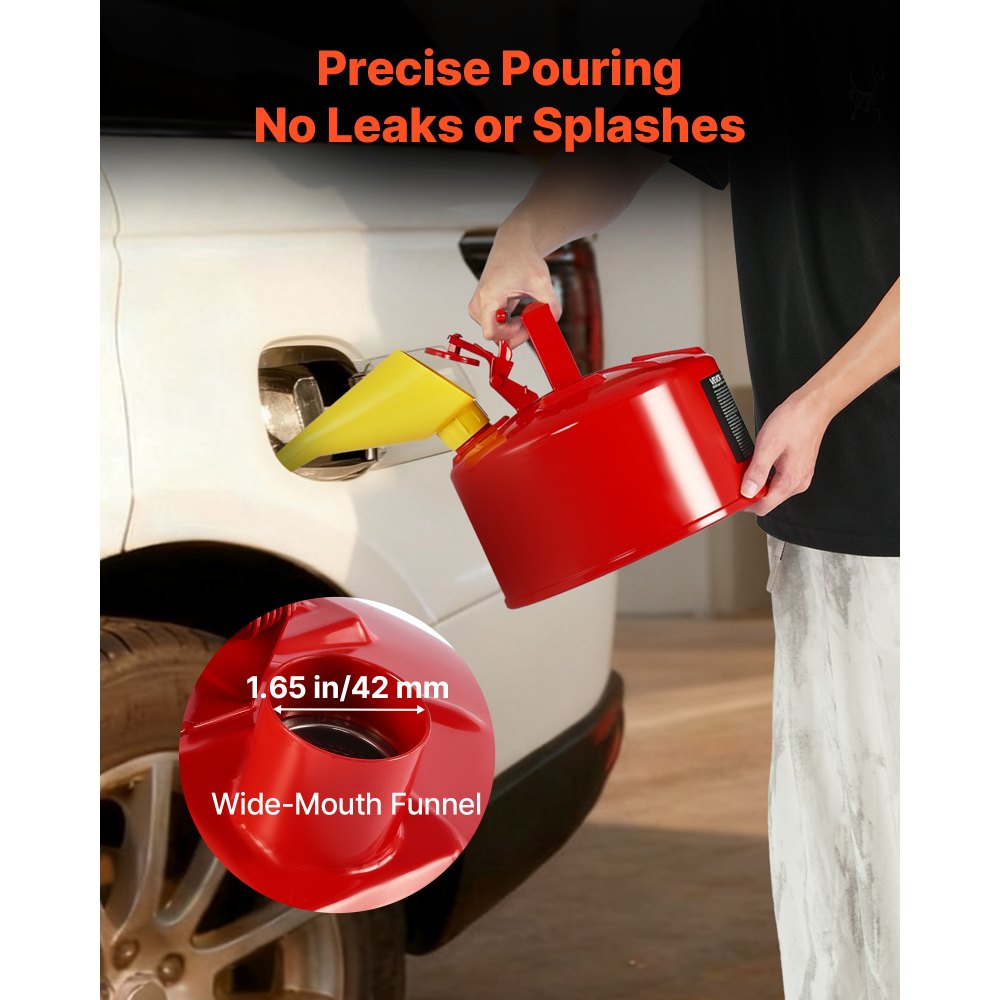 VEVOR Safety Gas Can, 2.5 Gallon Type I Red Safety Can for Gasoline with Stainless Steel Flame Arrester, Self-Closing Lid, and PE Funnel, Carbon Steel Flammable Storage Container with Ergonomic Handle