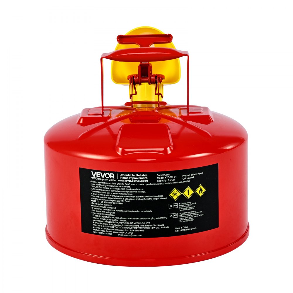 VEVOR Safety Gas Can, 2.5 Gallon Type I Red Safety Can for Gasoline with Stainless Steel Flame Arrester, Self-Closing Lid, and PE Funnel, Carbon Steel Flammable Storage Container with Ergonomic Handle