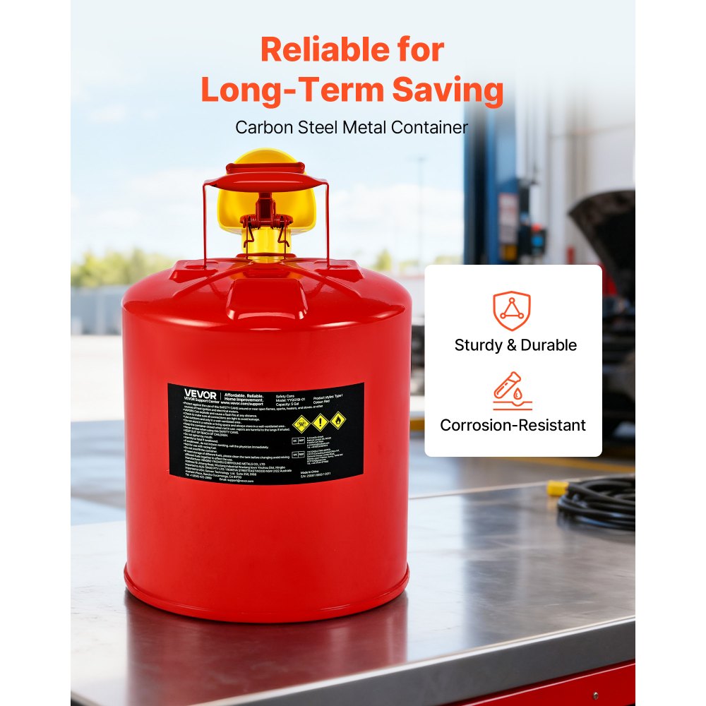 VEVOR Safety Gas Can, 5 Gallon Type I Red Safety Can for Gasoline with Stainless Steel Flame Arrester, Self-Closing Lid, and PE Funnel, Carbon Steel Flammable Storage Container with Ergonomic Handle