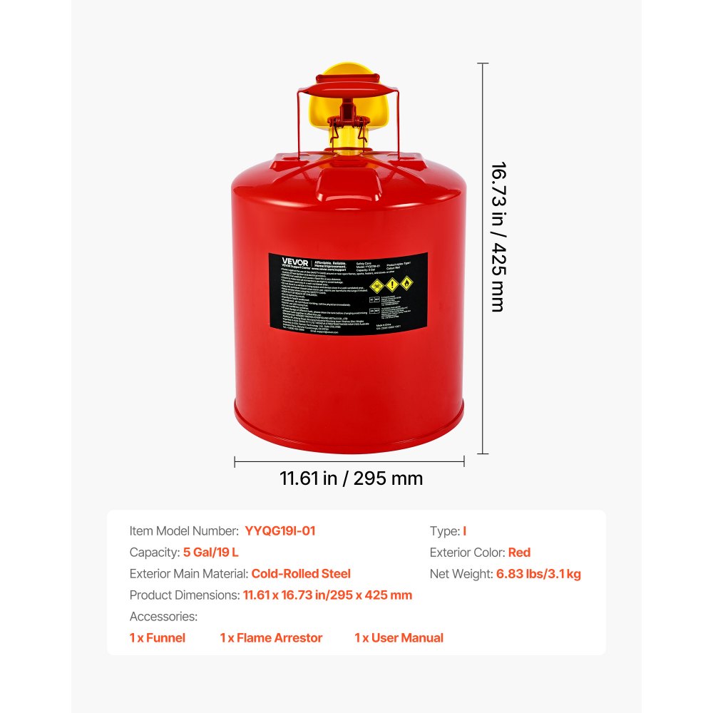 VEVOR Safety Gas Can, 5 Gallon Type I Red Safety Can for Gasoline with Stainless Steel Flame Arrester, Self-Closing Lid, and PE Funnel, Carbon Steel Flammable Storage Container with Ergonomic Handle