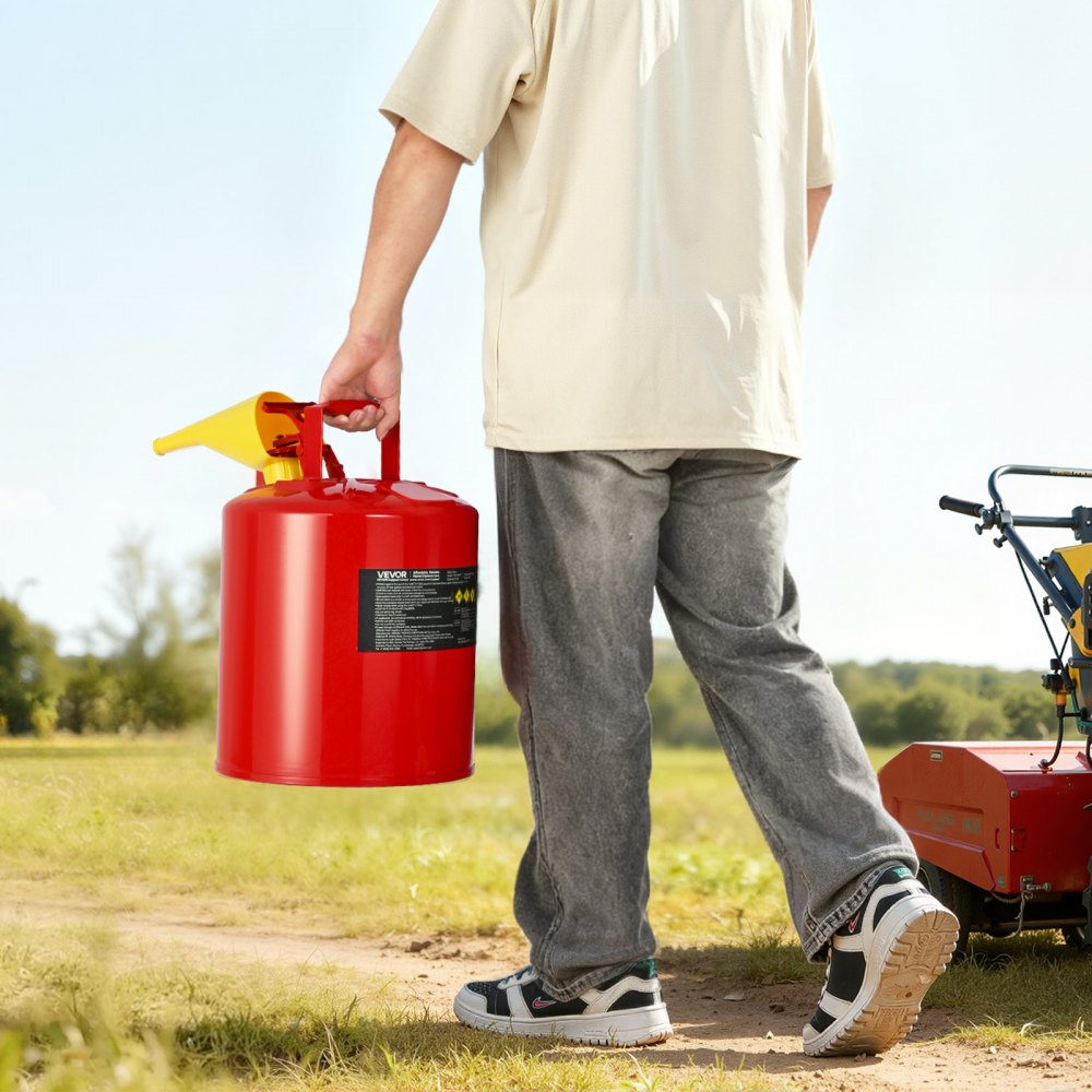 VEVOR Safety Gas Can, 5 Gallon Type I Red Safety Can for Gasoline with Stainless Steel Flame Arrester, Self-Closing Lid, and PE Funnel, Carbon Steel Flammable Storage Container with Ergonomic Handle