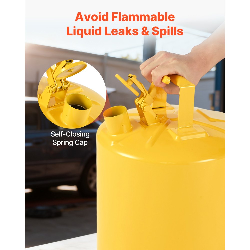 VEVOR Safety Can, 5 Gallon Type I Yellow Safety Can for Diesel with Stainless Steel Flame Arrester, Self-Closing Lid, and PE Funnel, Carbon Steel Flammable Storage Container with Ergonomic Handle